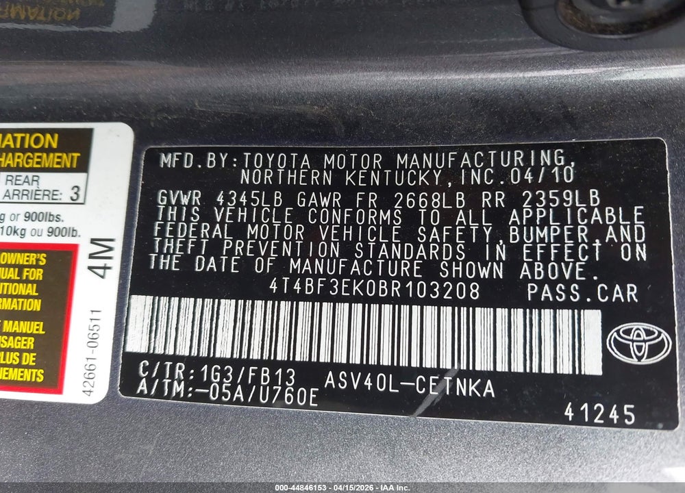 2011 TOYOTA CAMRY LE VIN: 4T4BF3EK0BR103208