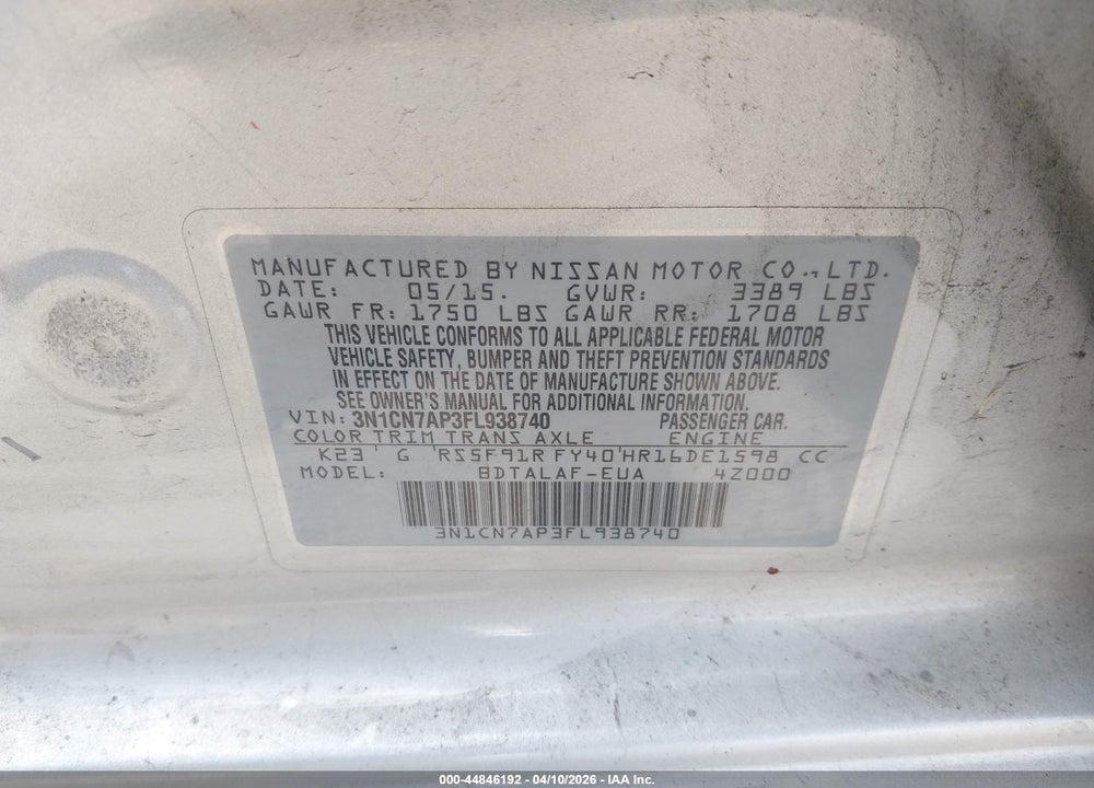 2015 NISSAN VERSA 1.6 S VIN: 3N1CN7AP3FL938740