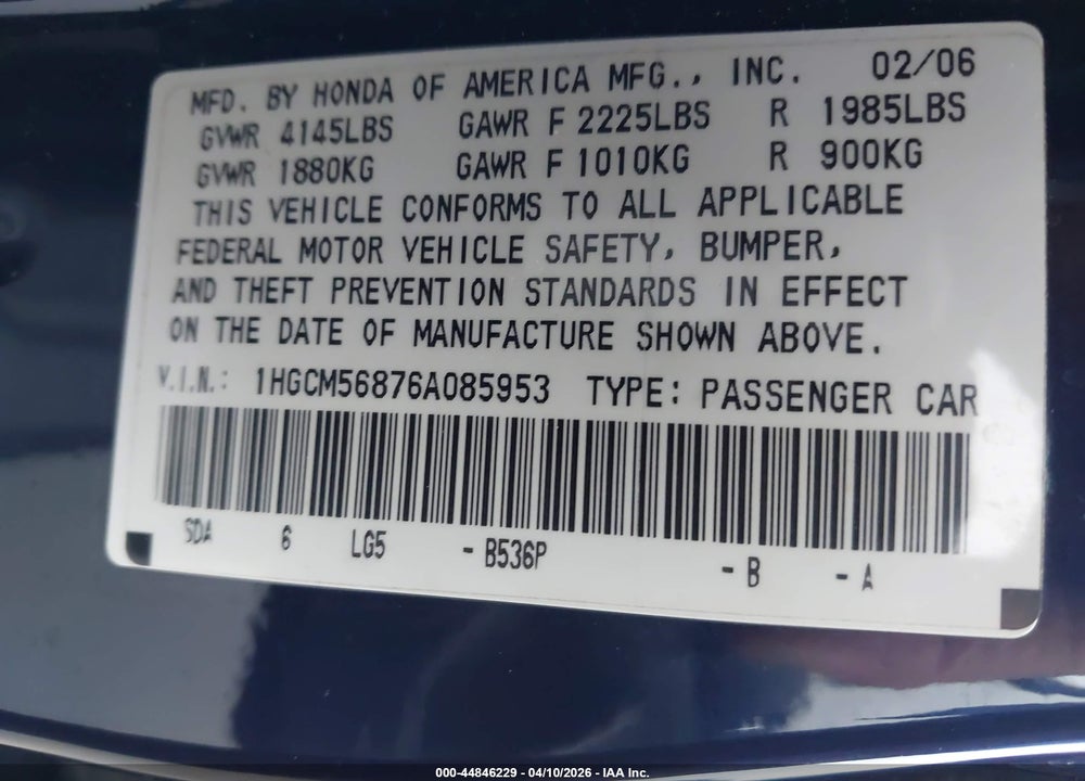 2006 HONDA ACCORD 2.4 EX VIN: 1HGCM56876A085953