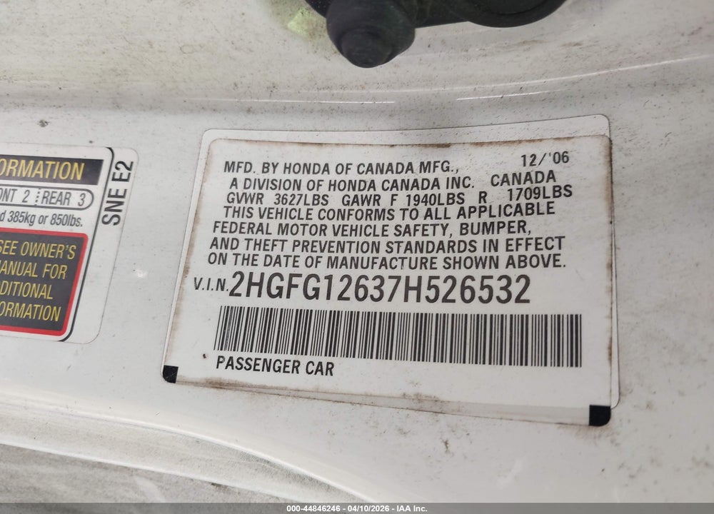 2007 HONDA CIVIC LX VIN: 2HGFG12637H526532