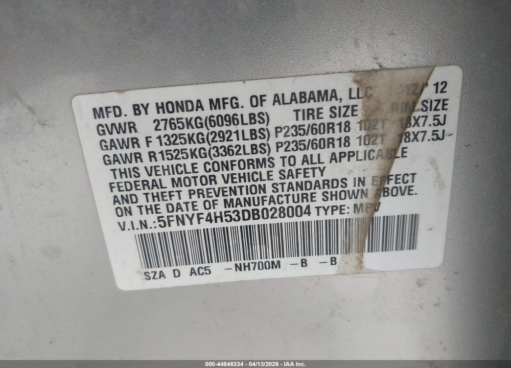 2013 HONDA PILOT EX-L VIN: 5FNYF4H53DB028004