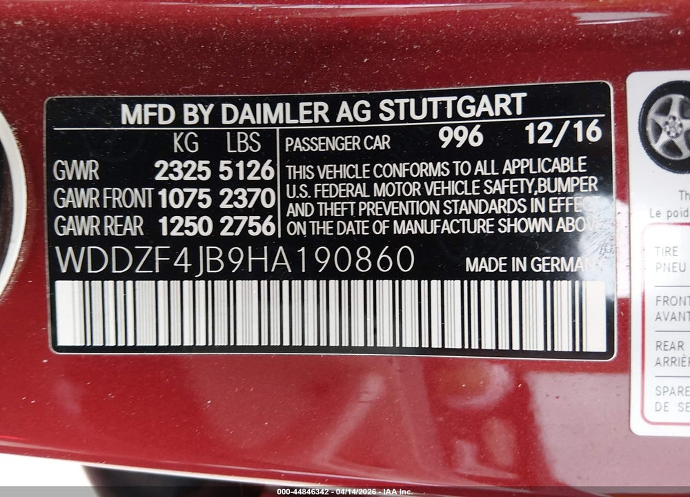 2017 MERCEDES-BENZ E 300 VIN: WDDZF4JB9HA190860