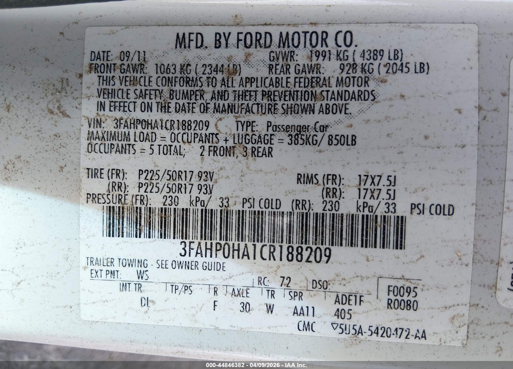 2012 FORD FUSION SE VIN: 3FAHP0HA1CR188209