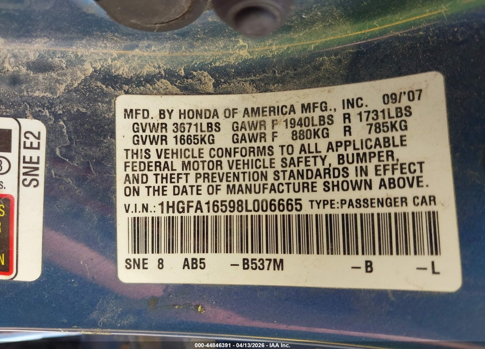 2008 HONDA CIVIC LX VIN: 1HGFA16598L006665