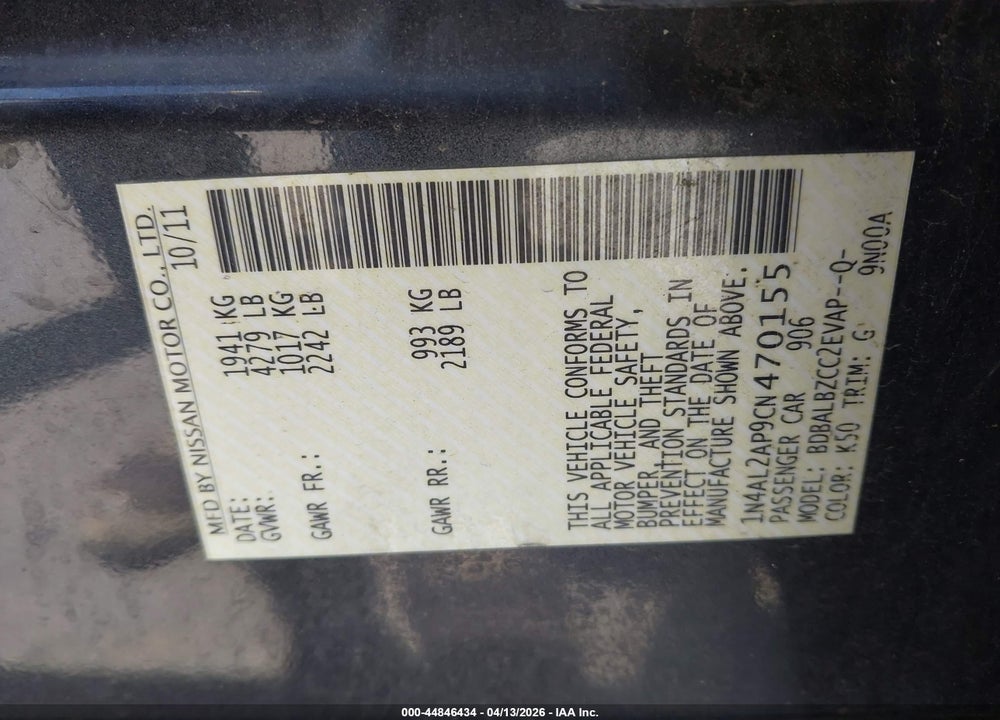 2012 NISSAN ALTIMA 2.5 S VIN: 1N4AL2AP9CN470155