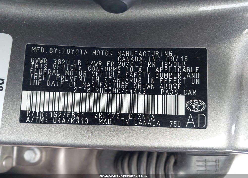 2017 TOYOTA COROLLA LE VIN: 2T1BURHE0HC754423