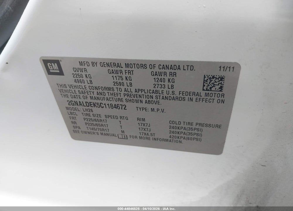2012 CHEVROLET EQUINOX 1LT VIN: 2GNALDEK5C1184672