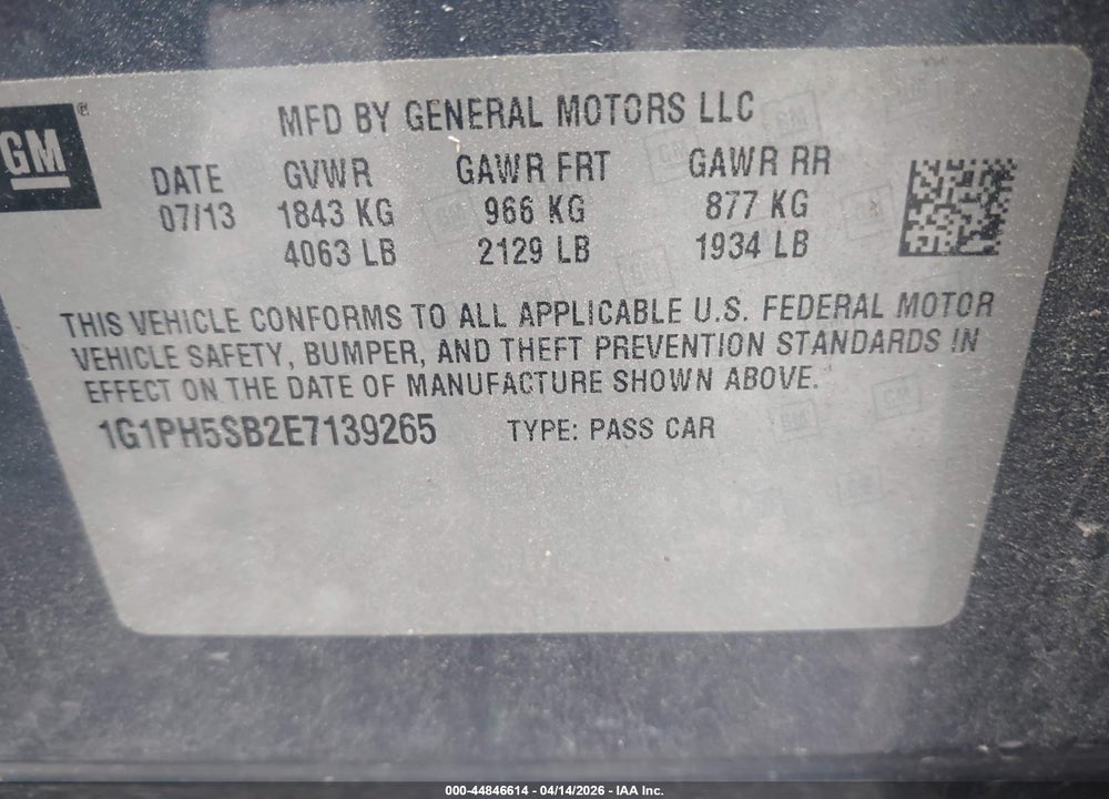 2014 CHEVROLET CRUZE ECO AUTO VIN: 1G1PH5SB2E7139265