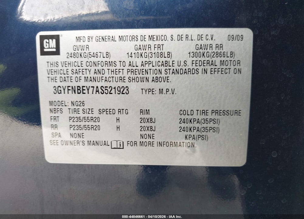 2010 CADILLAC SRX PERFORMANCE COLLECTION VIN: 3GYFNBEY7AS521923