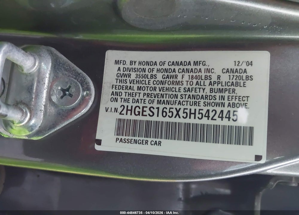 2005 HONDA CIVIC LX VIN: 2HGES165X5H542445