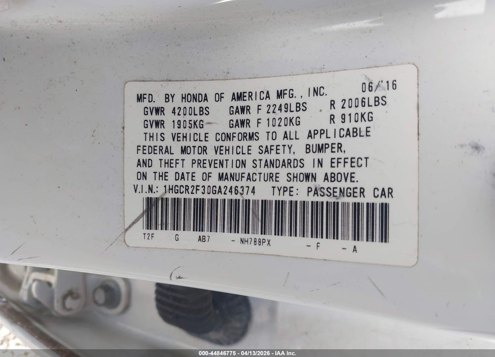 2016 HONDA ACCORD LX VIN: 1HGCR2F30GA246374