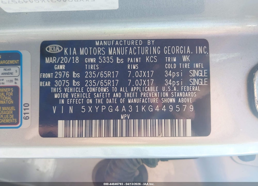 2019 KIA SORENTO 2.4L L VIN: 5XYPG4A31KG449579