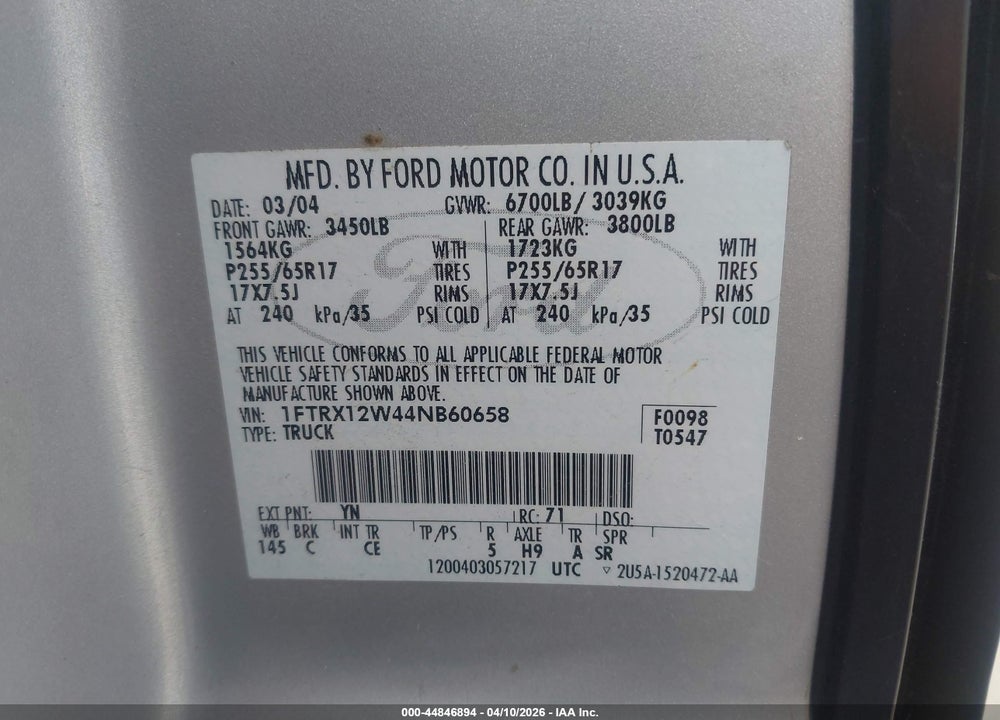 2004 FORD F-150 STX/XL/XLT VIN: 1FTRX12W44NB60658