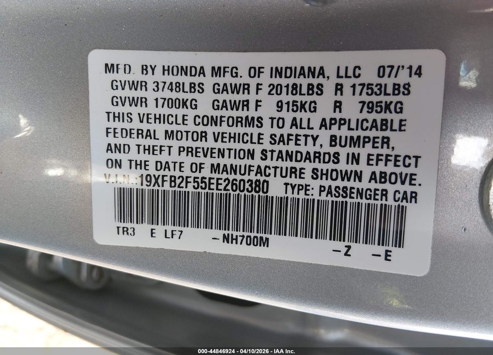 2014 HONDA CIVIC LX VIN: 19XFB2F55EE260380