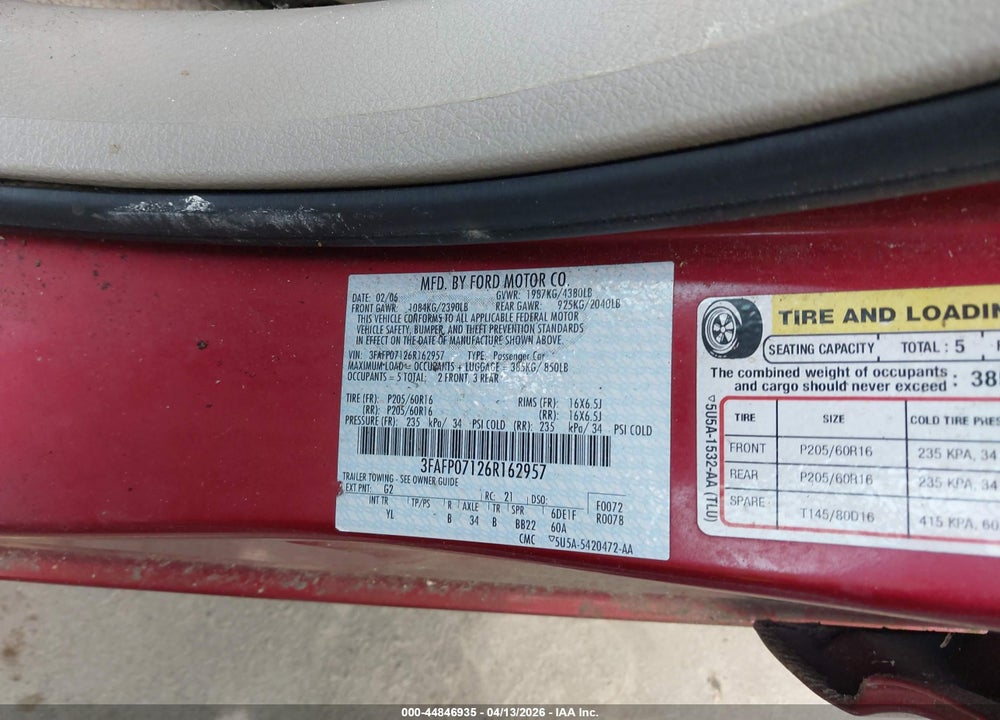 2006 FORD FUSION SE VIN: 3FAFP07126R162957