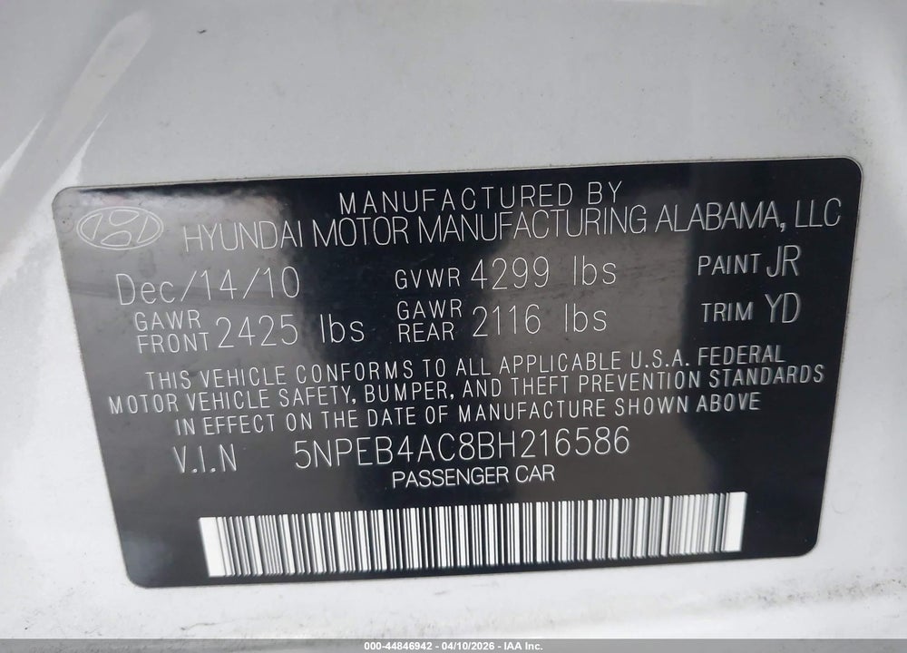 2011 HYUNDAI SONATA GLS VIN: 5NPEB4AC8BH216586