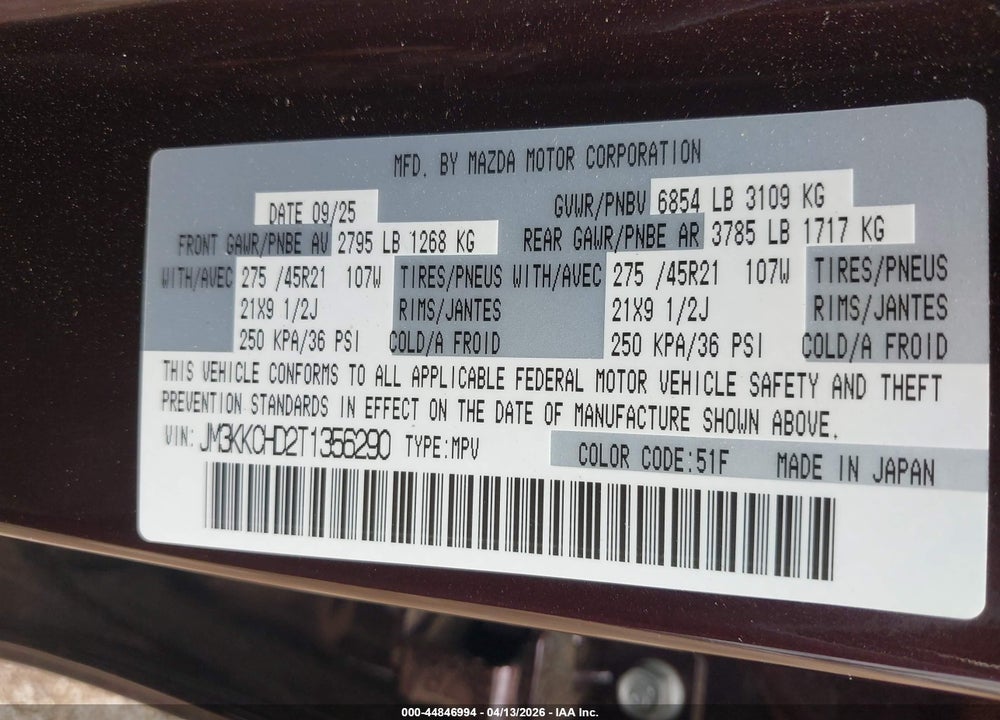 2026 MAZDA CX-90 3.3 TURBO PREMIUM SPORT VIN: JM3KKCHD2T1356290