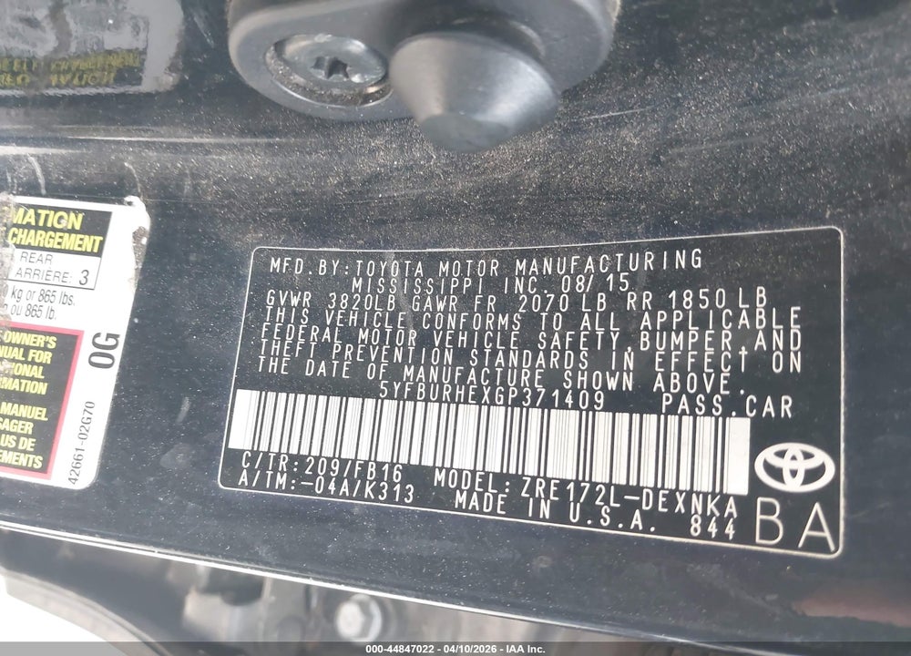 2016 TOYOTA COROLLA LE VIN: 5YFBURHEXGP371409
