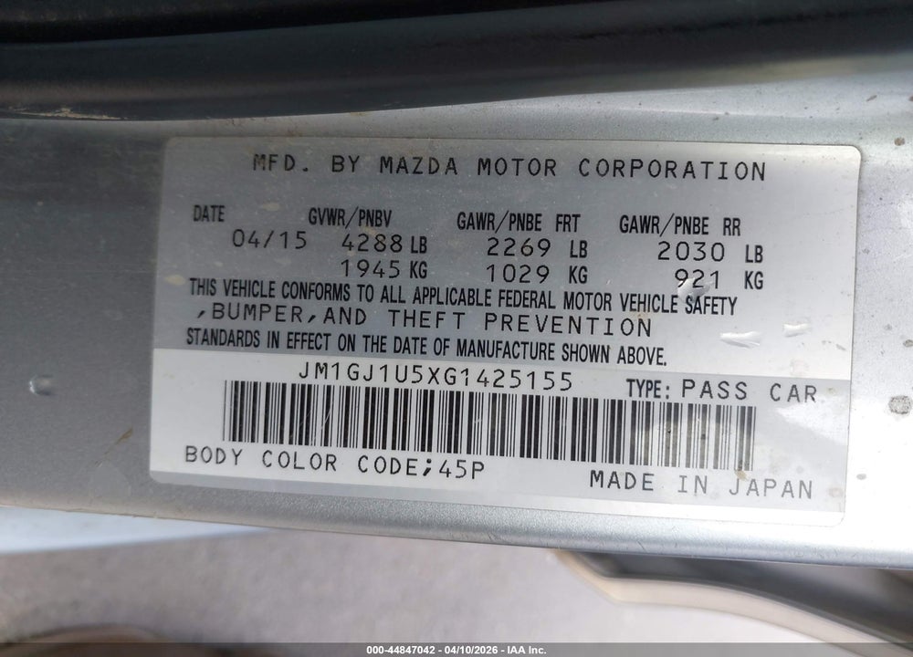 2016 MAZDA 6 I SPORT VIN: JM1GJ1U5XG1425155