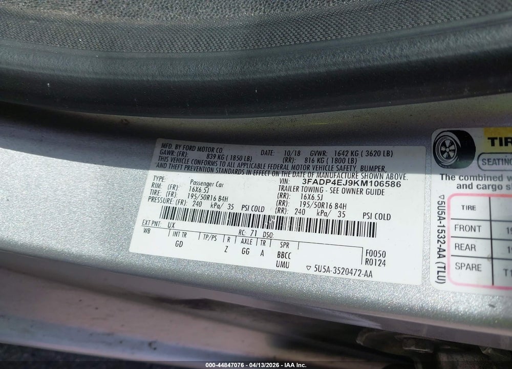 2019 FORD FIESTA SE VIN: 3FADP4EJ9KM106586