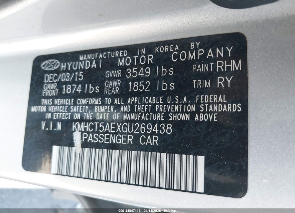 2016 HYUNDAI ACCENT SE VIN: KMHCT5AEXGU269438