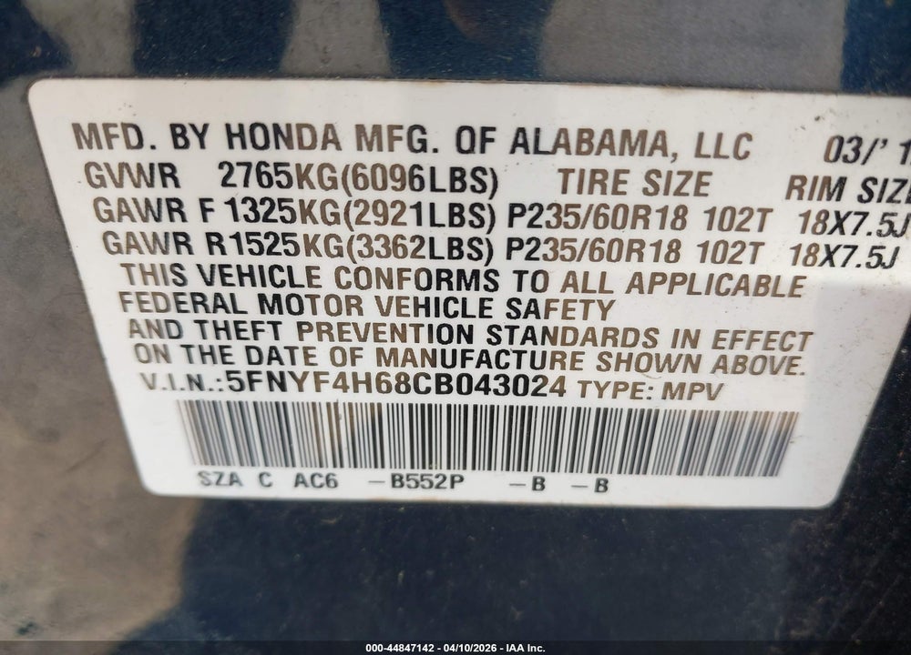 2012 HONDA PILOT EX-L VIN: 5FNYF4H68CB043024
