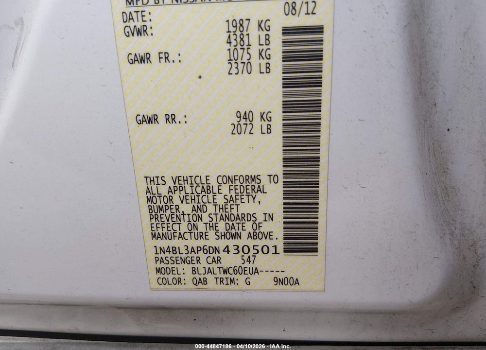 2013 NISSAN ALTIMA 3.5 SV VIN: 1N4BL3AP6DN430501
