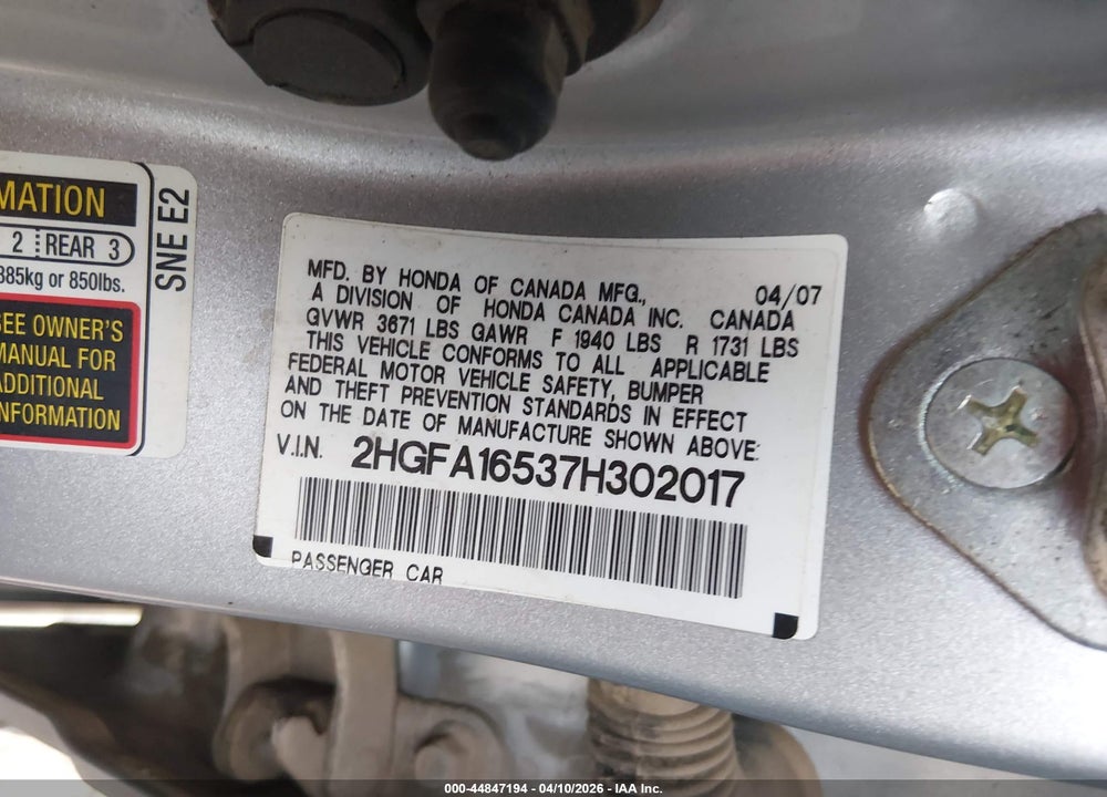 2007 HONDA CIVIC LX VIN: 2HGFA16537H302017
