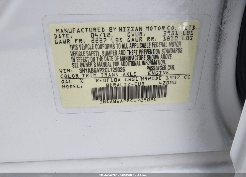 2012 NISSAN SENTRA 2.0 S VIN: 3N1AB6AP2CL729026