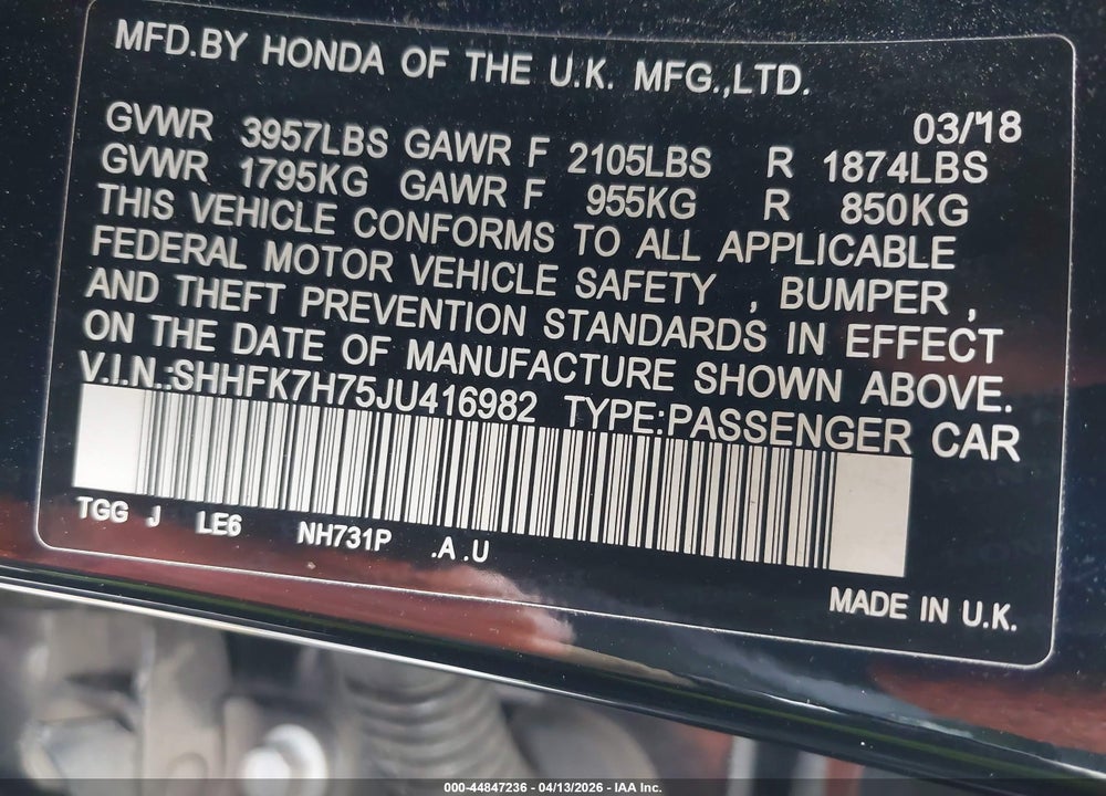 2018 HONDA CIVIC EX-L VIN: SHHFK7H75JU416982