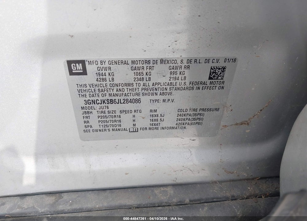 2018 CHEVROLET TRAX LS VIN: 3GNCJKSB6JL284086