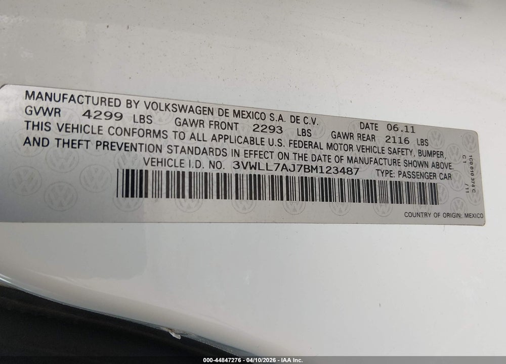 2011 VOLKSWAGEN JETTA 2.0L TDI VIN: 3VWLL7AJ7BM123487