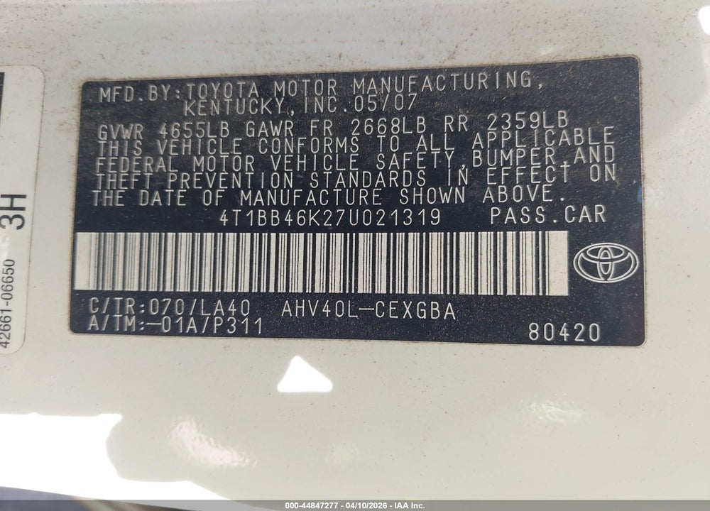 2007 TOYOTA CAMRY HYBRID VIN: 4T1BB46K27U021319