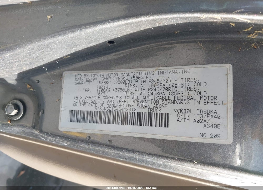 2004 TOYOTA TUNDRA VIN: 5TBJN32164S443410