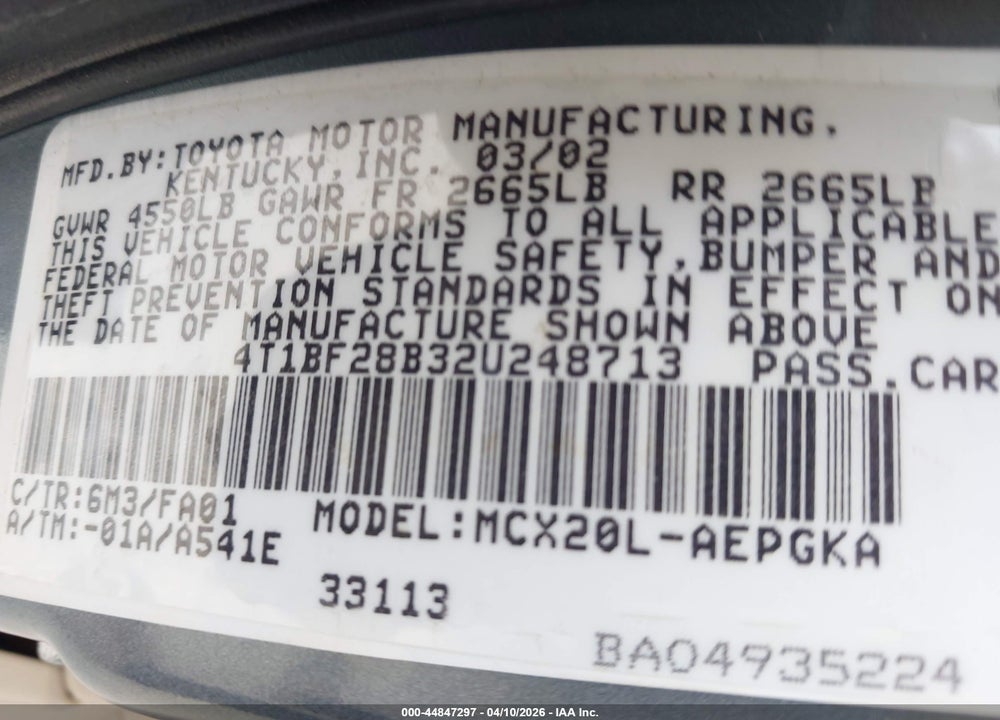 2002 TOYOTA AVALON XLS VIN: 4T1BF28B32U248713