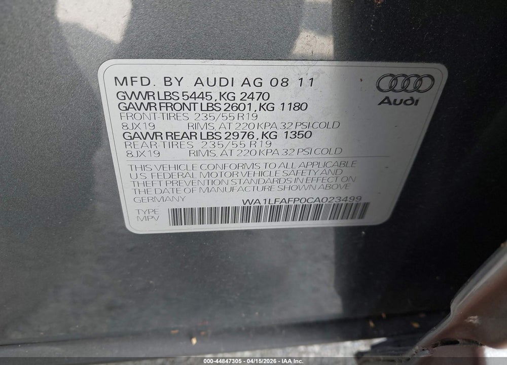 2012 AUDI Q5 2.0T PREMIUM VIN: WA1LFAFP0CA023499