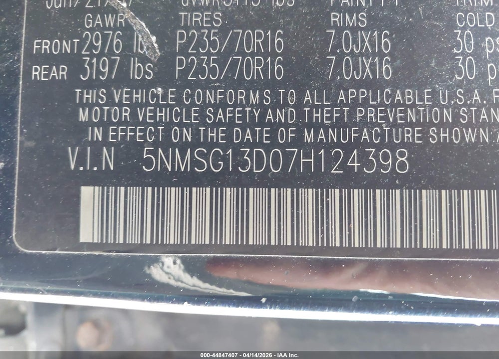 2007 HYUNDAI SANTA FE GLS VIN: 5NMSG13D07H124398