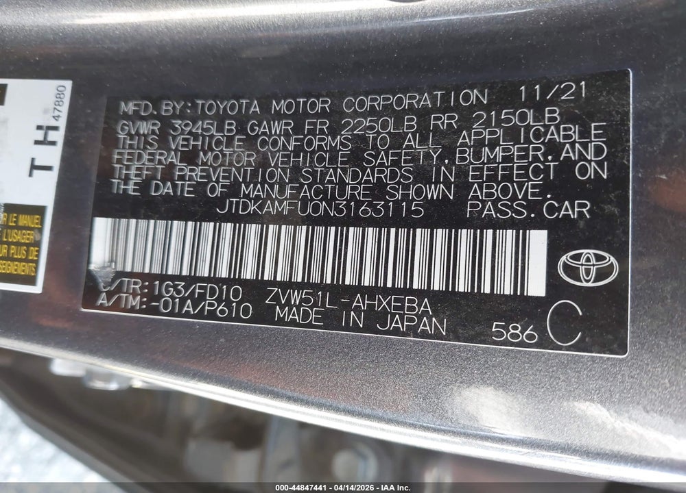 2022 TOYOTA PRIUS LE VIN: JTDKAMFU0N3163115