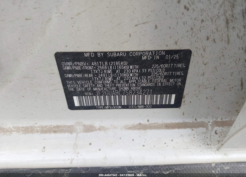 2025 SUBARU CROSSTREK VIN: JF2GUABC7S8234271