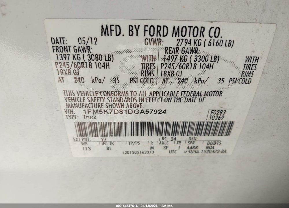 2013 FORD EXPLORER XLT VIN: 1FM5K7D81DGA57924