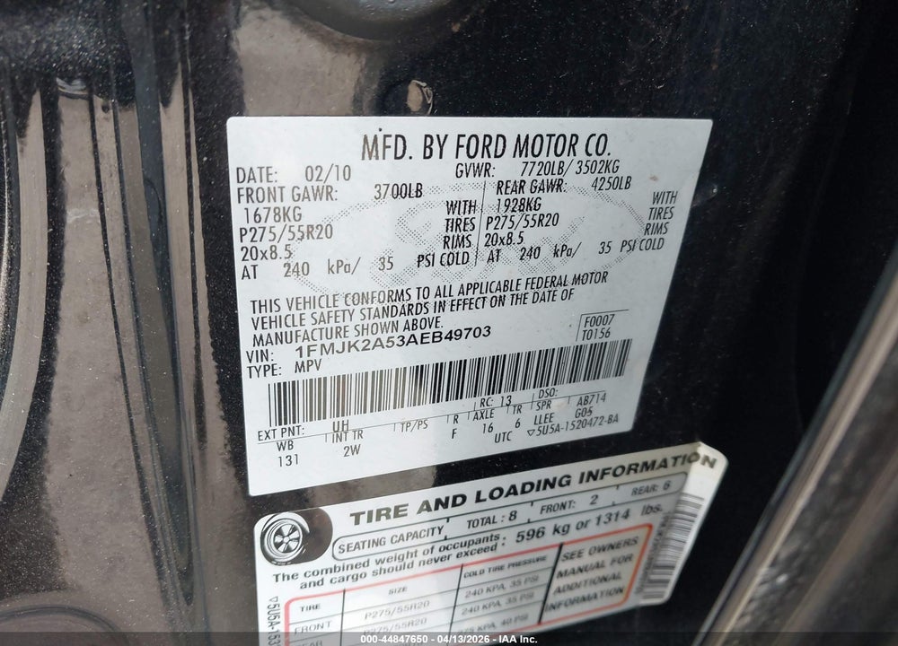 2010 FORD EXPEDITION EL LIMITED VIN: 1FMJK2A53AEB49703