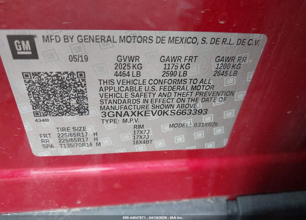 2019 CHEVROLET EQUINOX LT VIN: 3GNAXKEV0KS663393