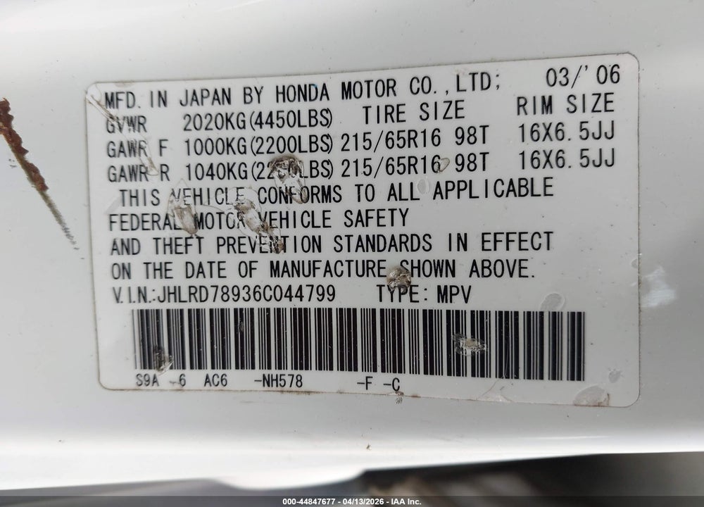 2006 HONDA CR-V SE VIN: JHLRD78936C044799