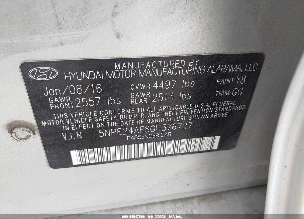 2016 HYUNDAI SONATA SE VIN: 5NPE24AF8GH376727