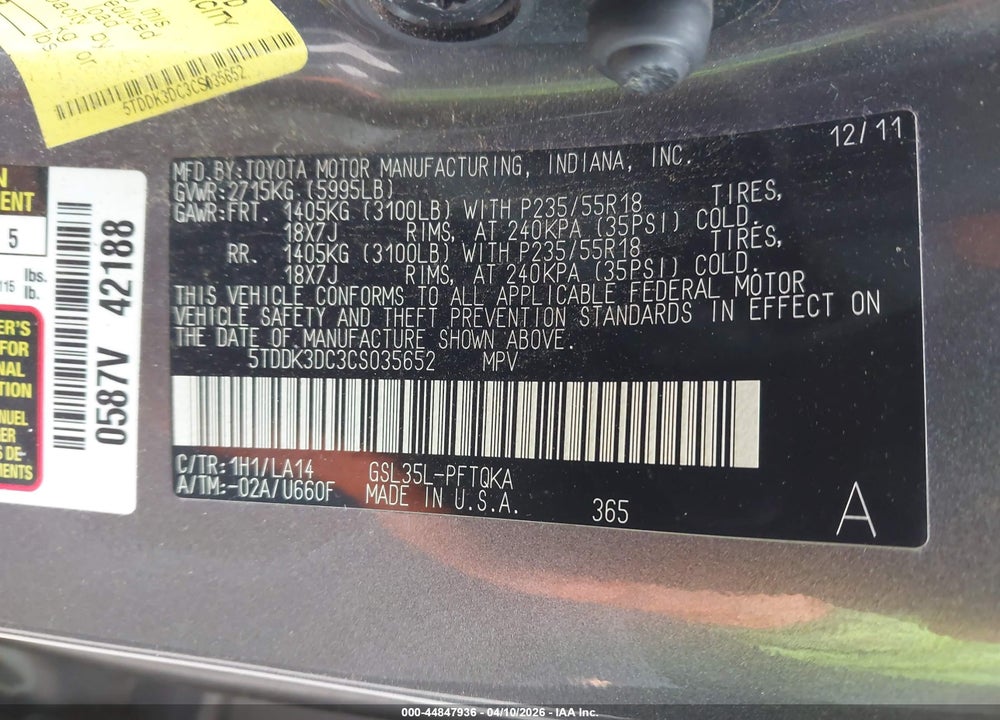 2012 TOYOTA SIENNA LIMITED 7 PASSENGER VIN: 5TDDK3DC3CS035652