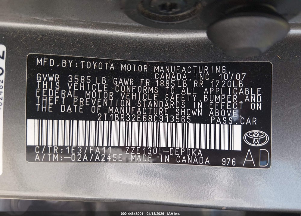 2008 TOYOTA COROLLA CE VIN: 2T1BR32E68C913565