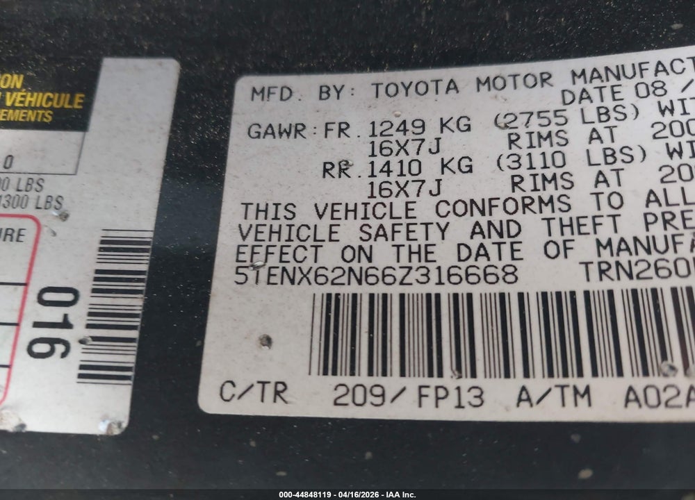 2006 TOYOTA TACOMA PRERUNNER VIN: 5TENX62N66Z316668