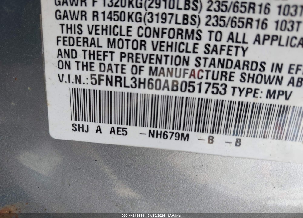 2010 HONDA ODYSSEY EX-L VIN: 5FNRL3H60AB051753