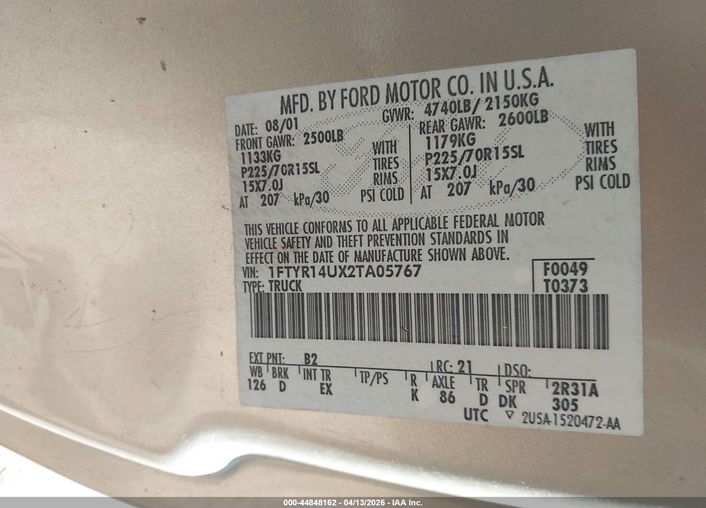 2002 FORD RANGER EDGE/TREMOR/XL/XLT VIN: 1FTYR14UX2TA05767