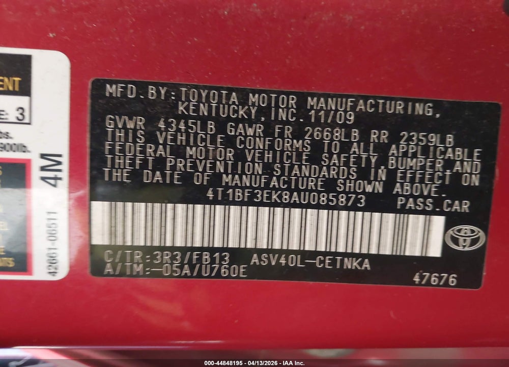 2010 TOYOTA CAMRY LE VIN: 4T1BF3EK8AU085873